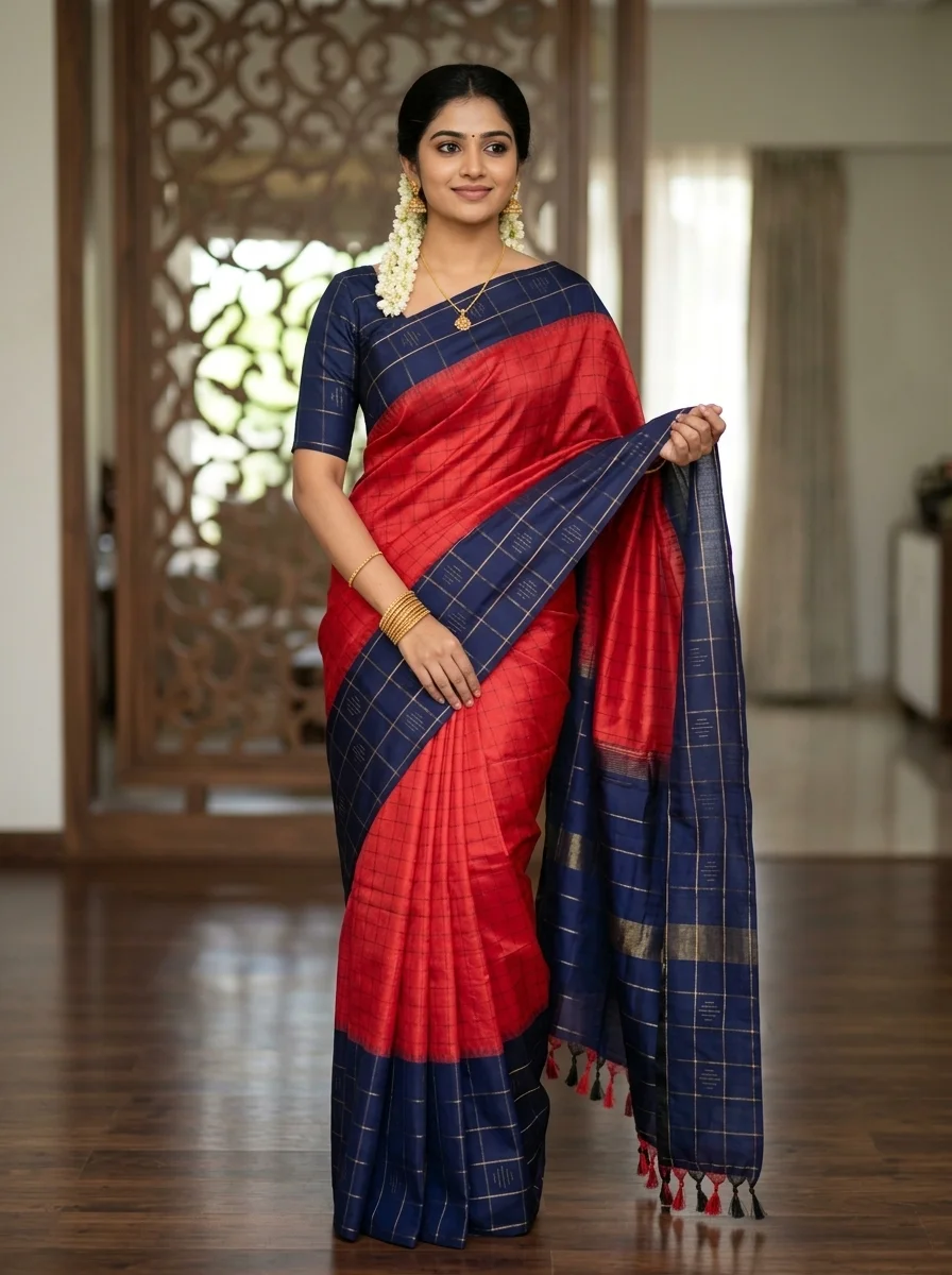 Red & Navy Blue Contrast Border Saree